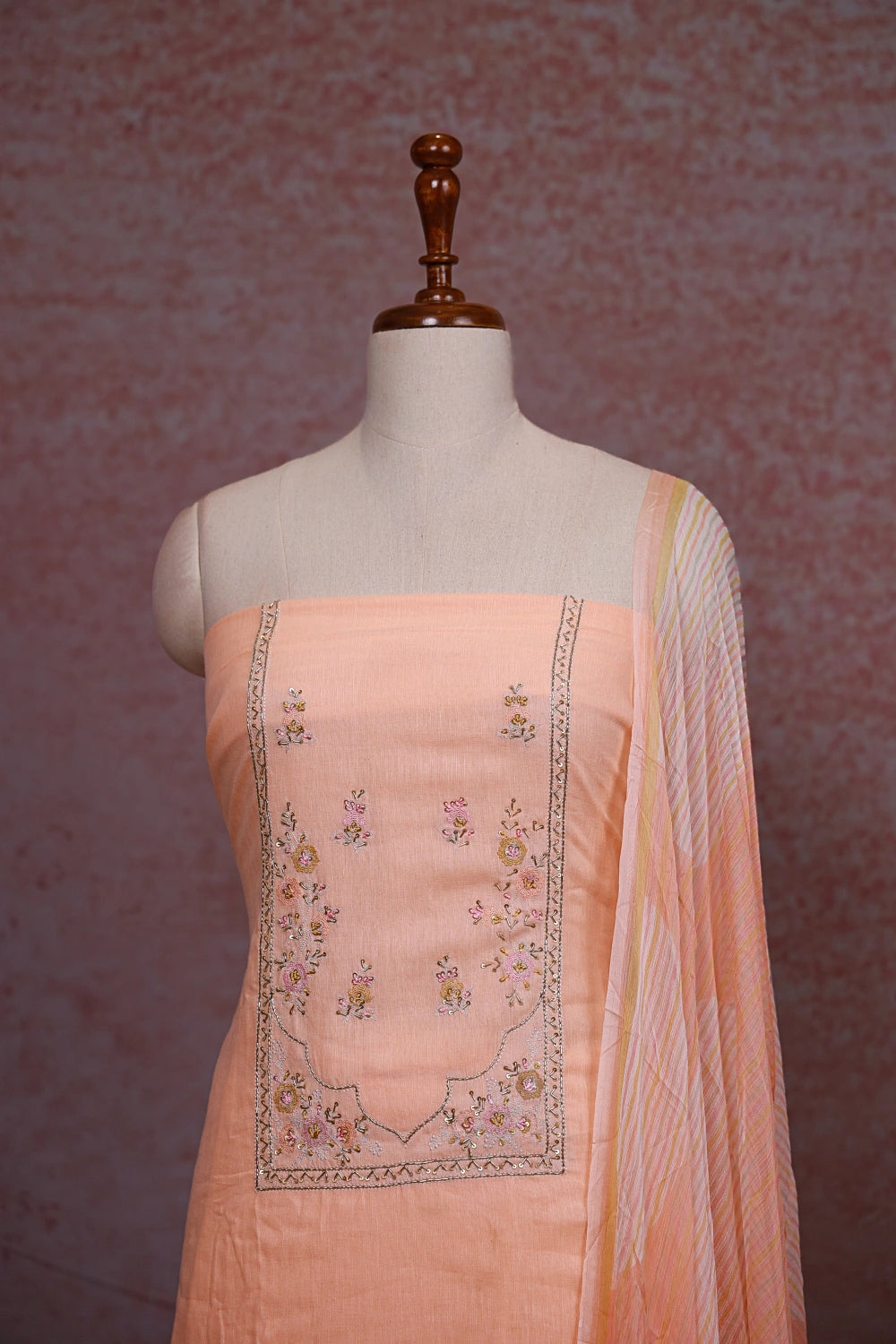 Peach Semi Linen Hand Worked Unstitched Churidhar Material