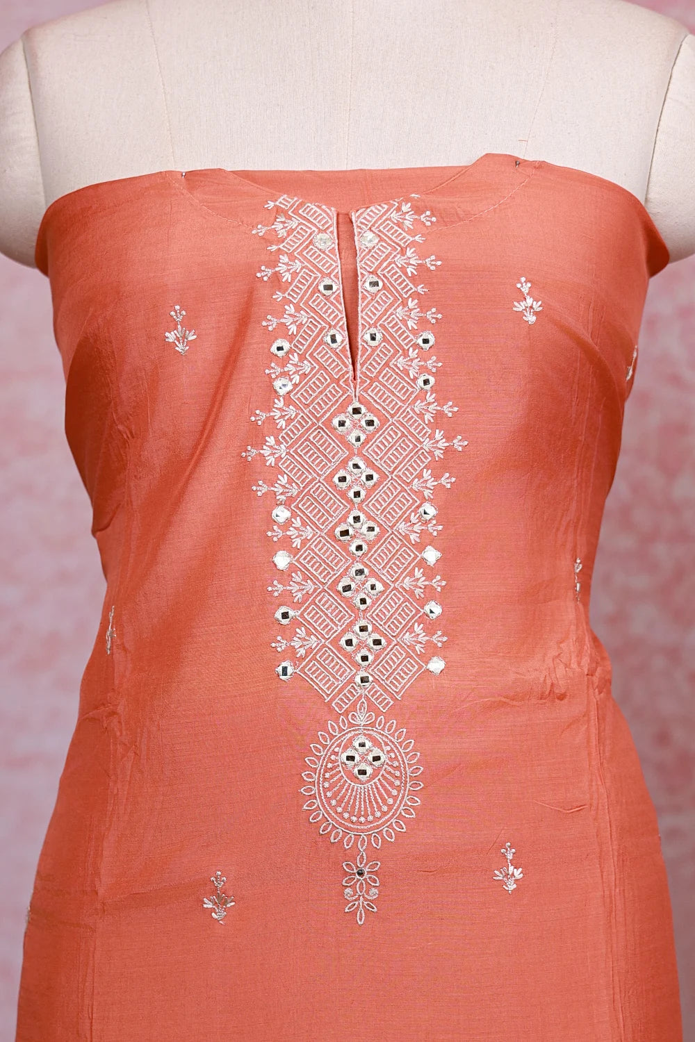Burnt Orange Semi Chanderi Mirror Worked Unstitched Churidhar Material