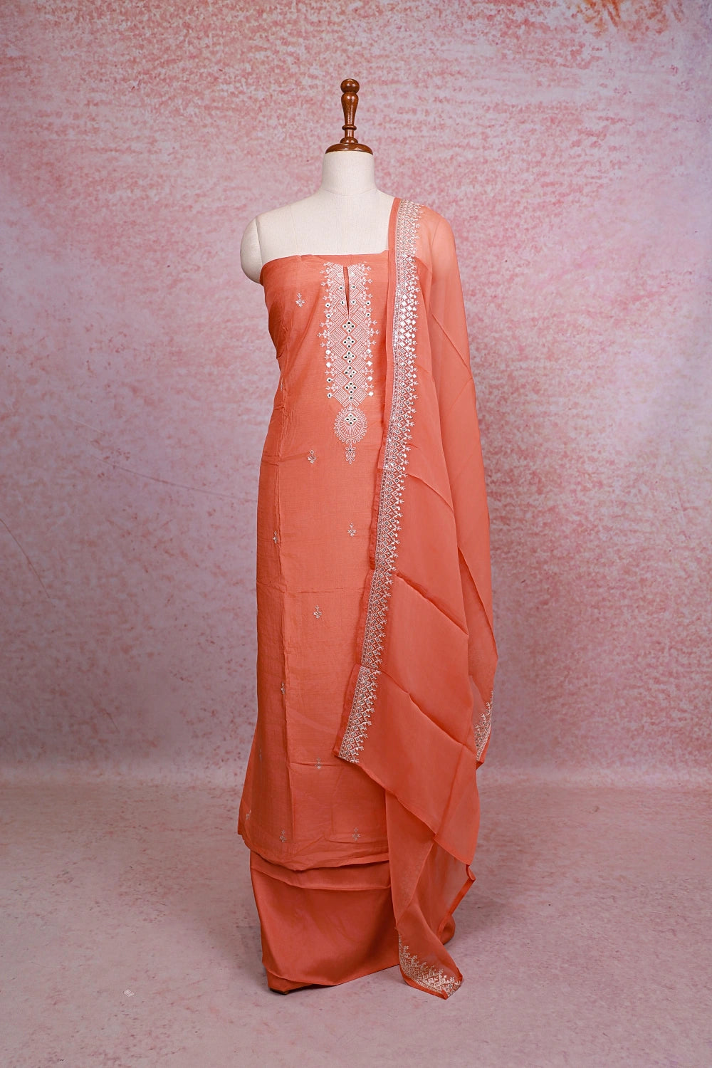 Burnt Orange Semi Chanderi Mirror Worked Unstitched Churidhar Material