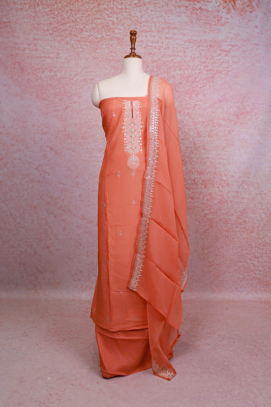 Burnt Orange Semi Chanderi Mirror Worked Unstitched Churidhar Material - Seematti