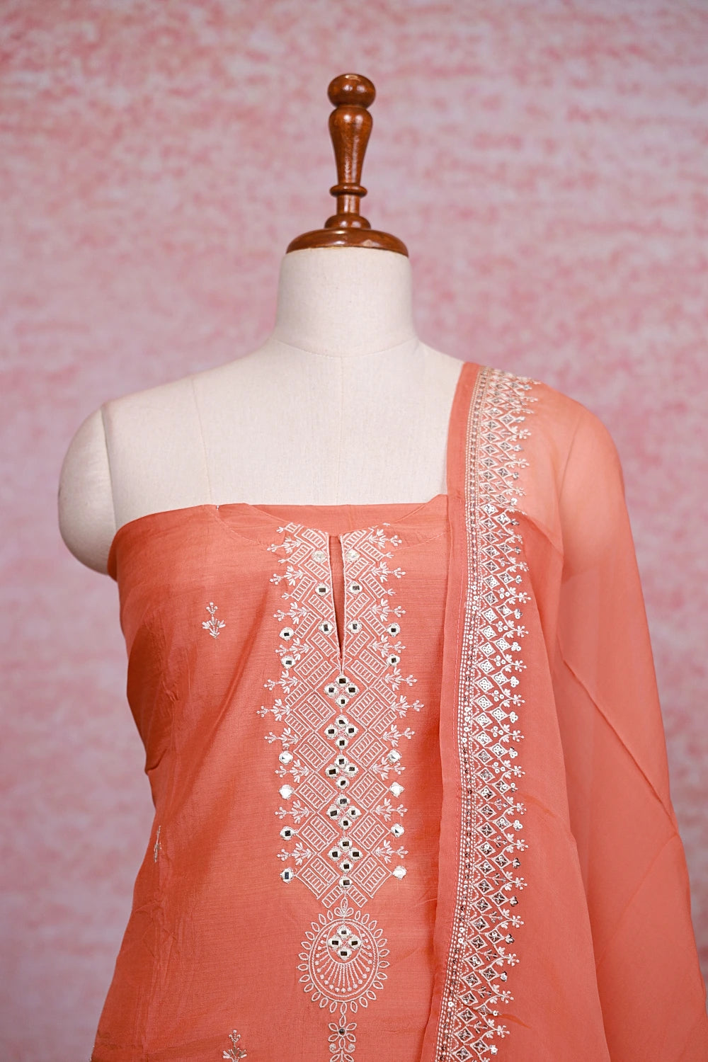 Burnt Orange Semi Chanderi Mirror Worked Unstitched Churidhar Material