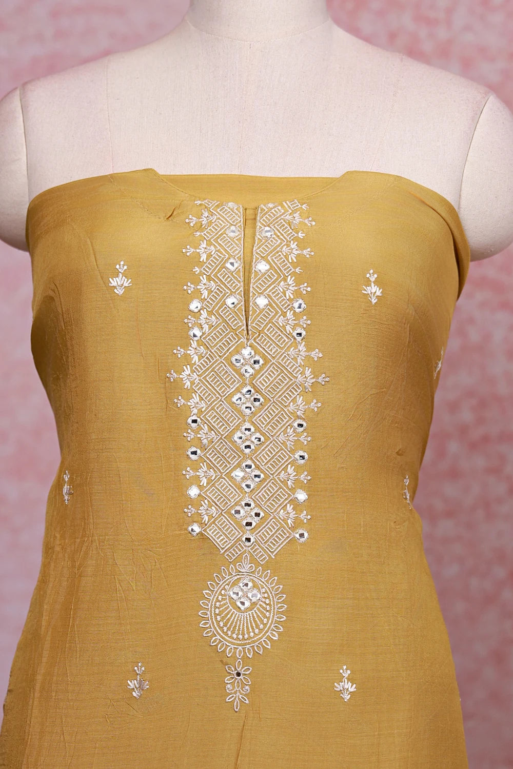 Golden Color Semi Chanderi Mirror Worked Unstitched Churidhar Material