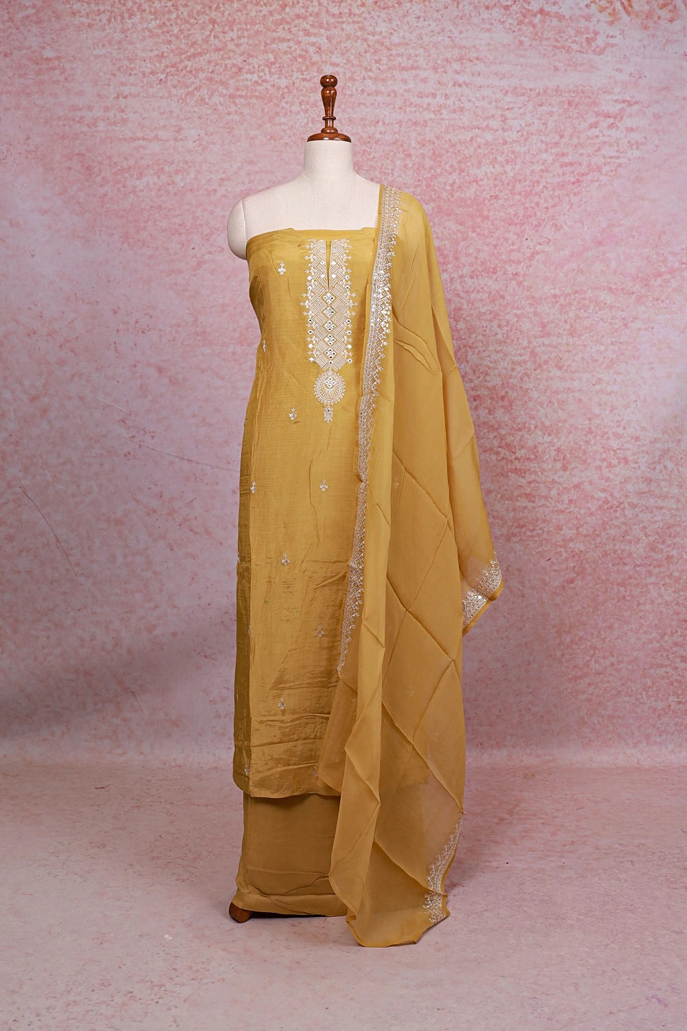 Golden Color Semi Chanderi Mirror Worked Unstitched Churidhar Material