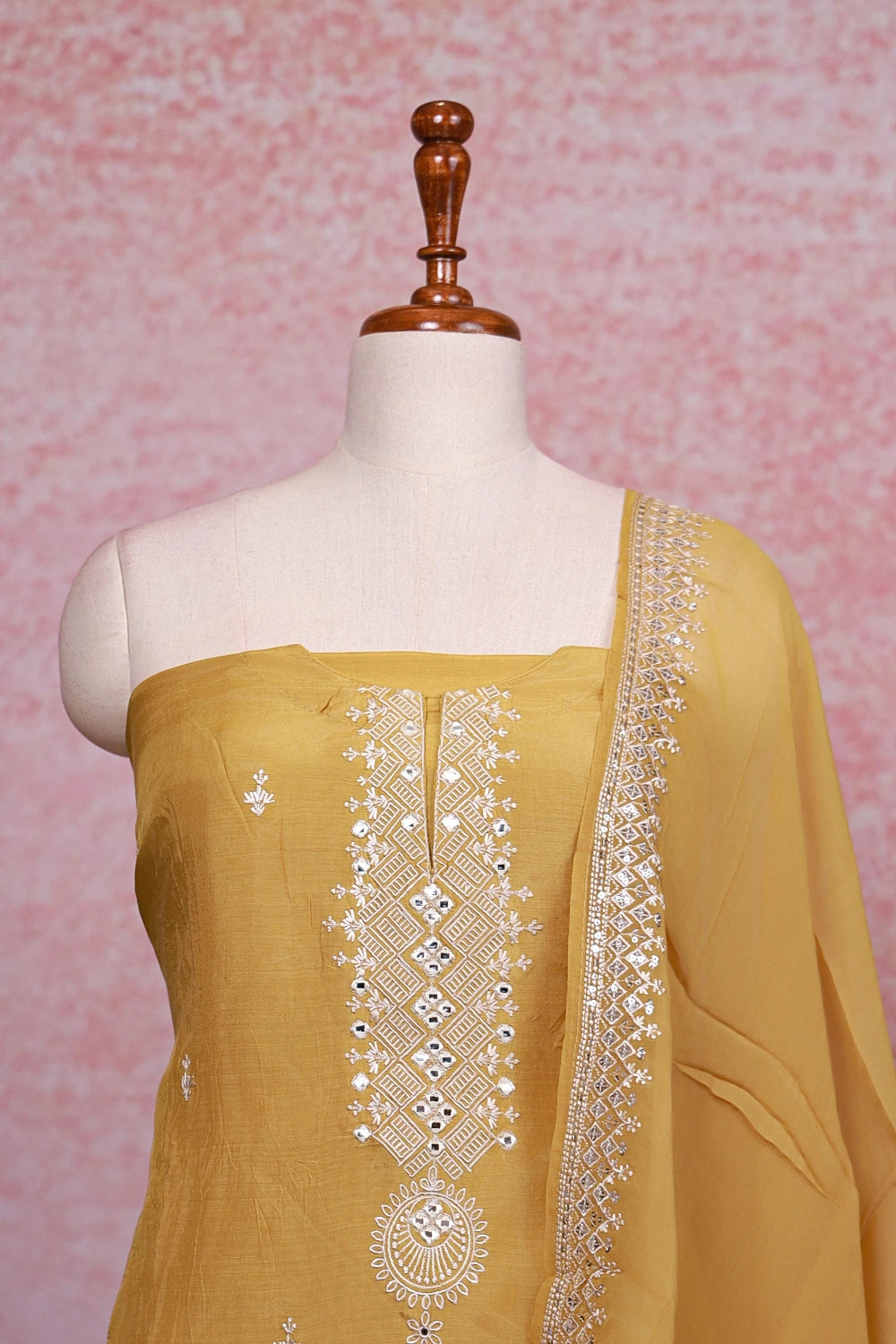Golden Color Semi Chanderi Mirror Worked Unstitched Churidhar Material