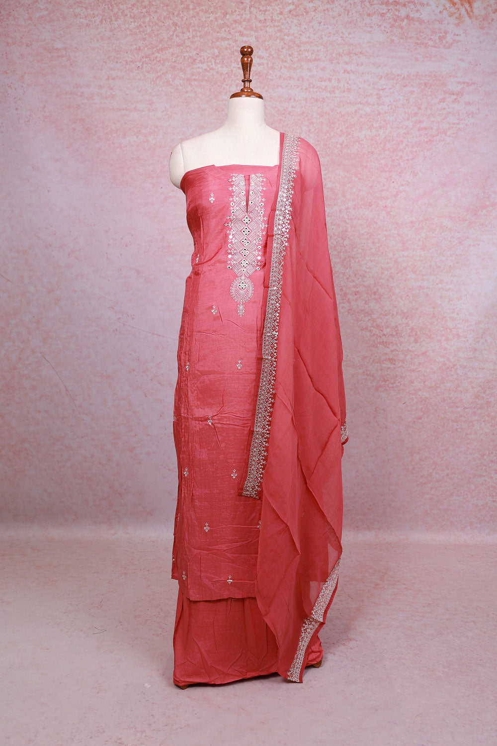Onion Color Muslin Mirror Work Unstitched Churidhar Material - Seematti