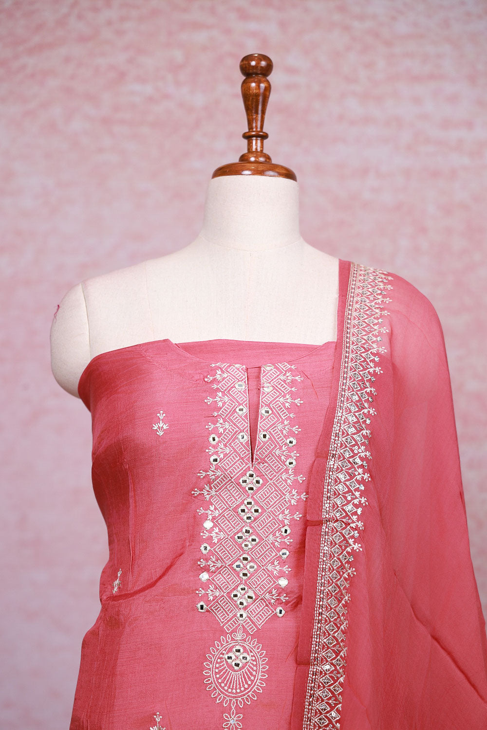 Onion Color Muslin Mirror Work Unstitched Churidhar Material - Seematti