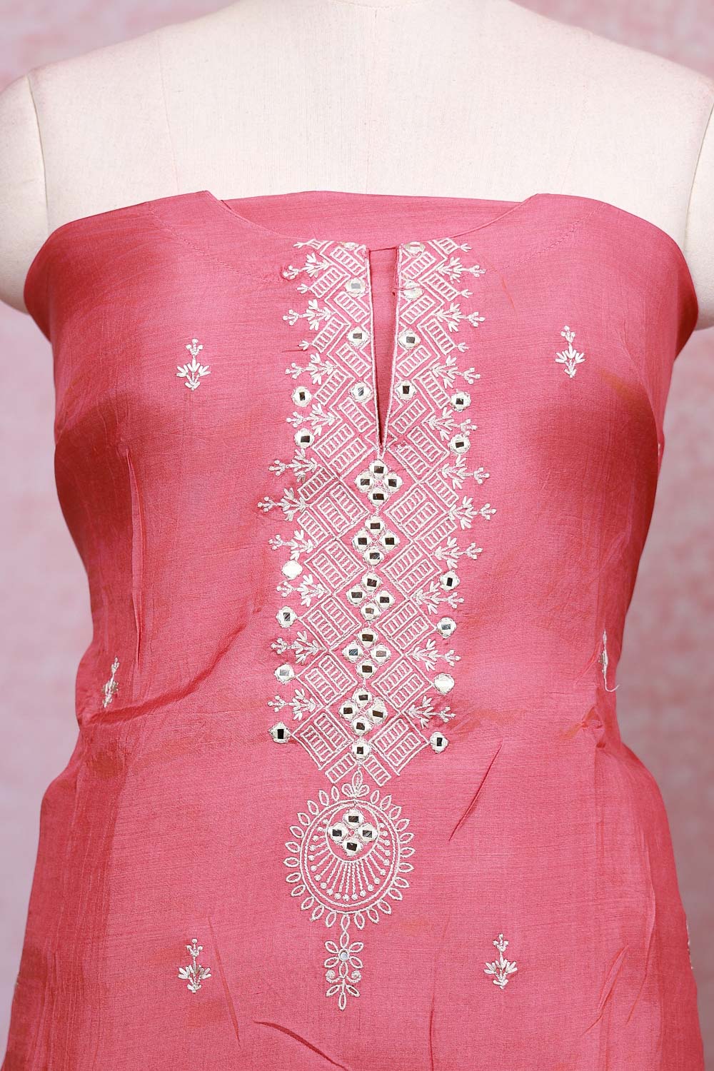 Onion Color Muslin Mirror Work Unstitched Churidhar Material - Seematti