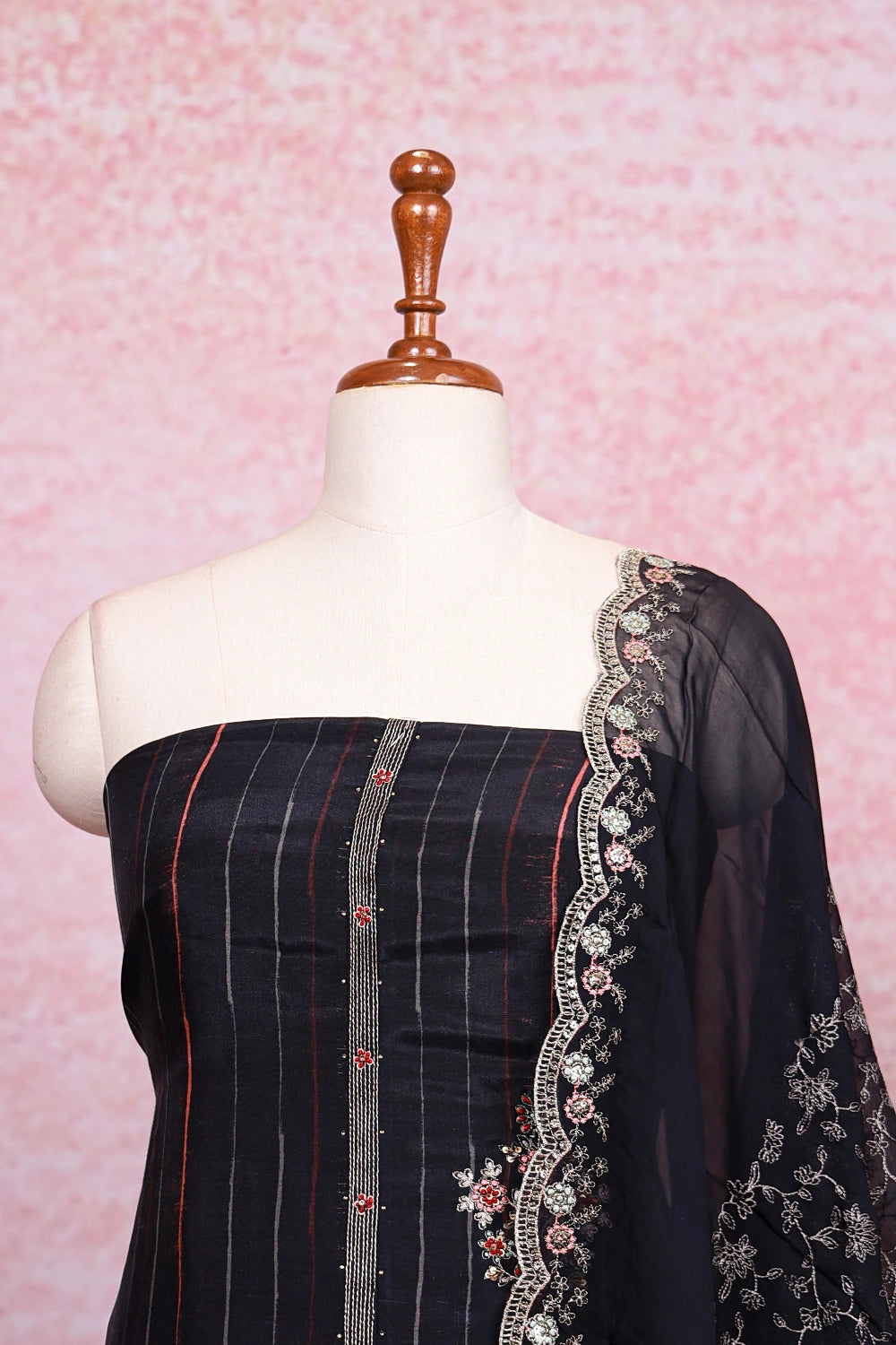 Black Muslin Embroidery Worked Unstitched Churidhar Material