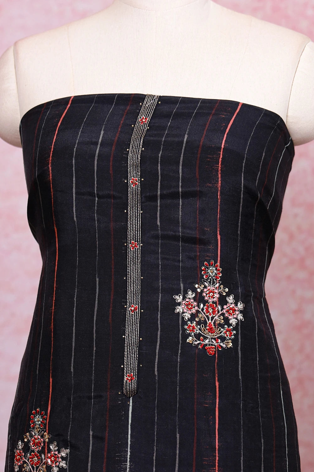 Black Muslin Embroidery Worked Unstitched Churidhar Material