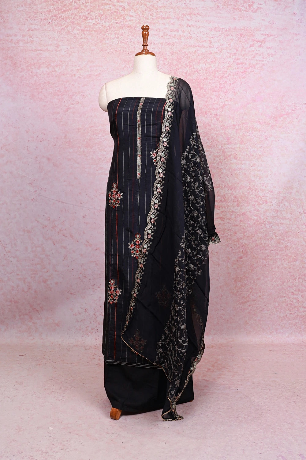 Black Muslin Embroidery Worked Unstitched Churidhar Material