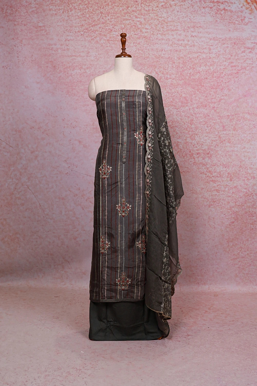 Dark Grey Muslin Hand Worked Unstitched Churidhar Material