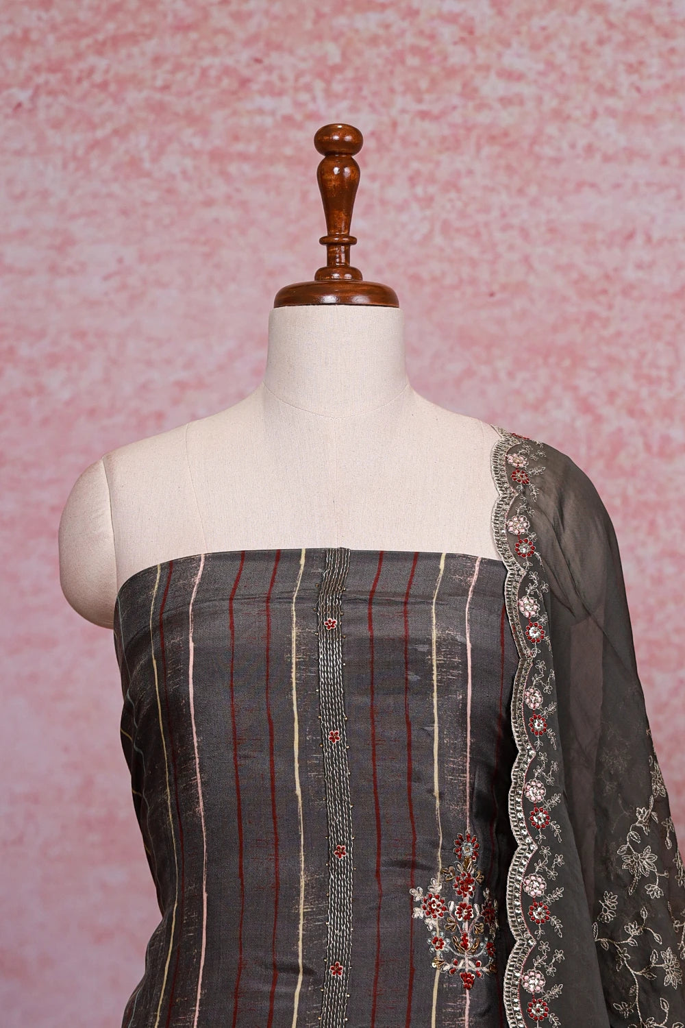 Dark Grey Muslin Hand Worked Unstitched Churidhar Material