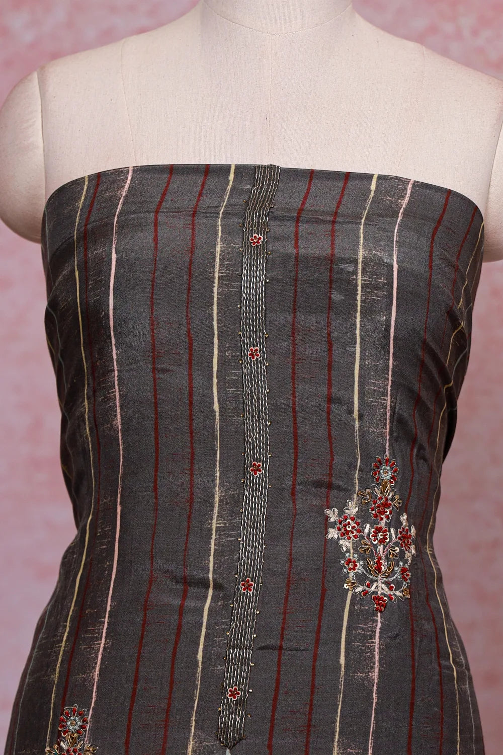 Dark Grey Muslin Hand Worked Unstitched Churidhar Material