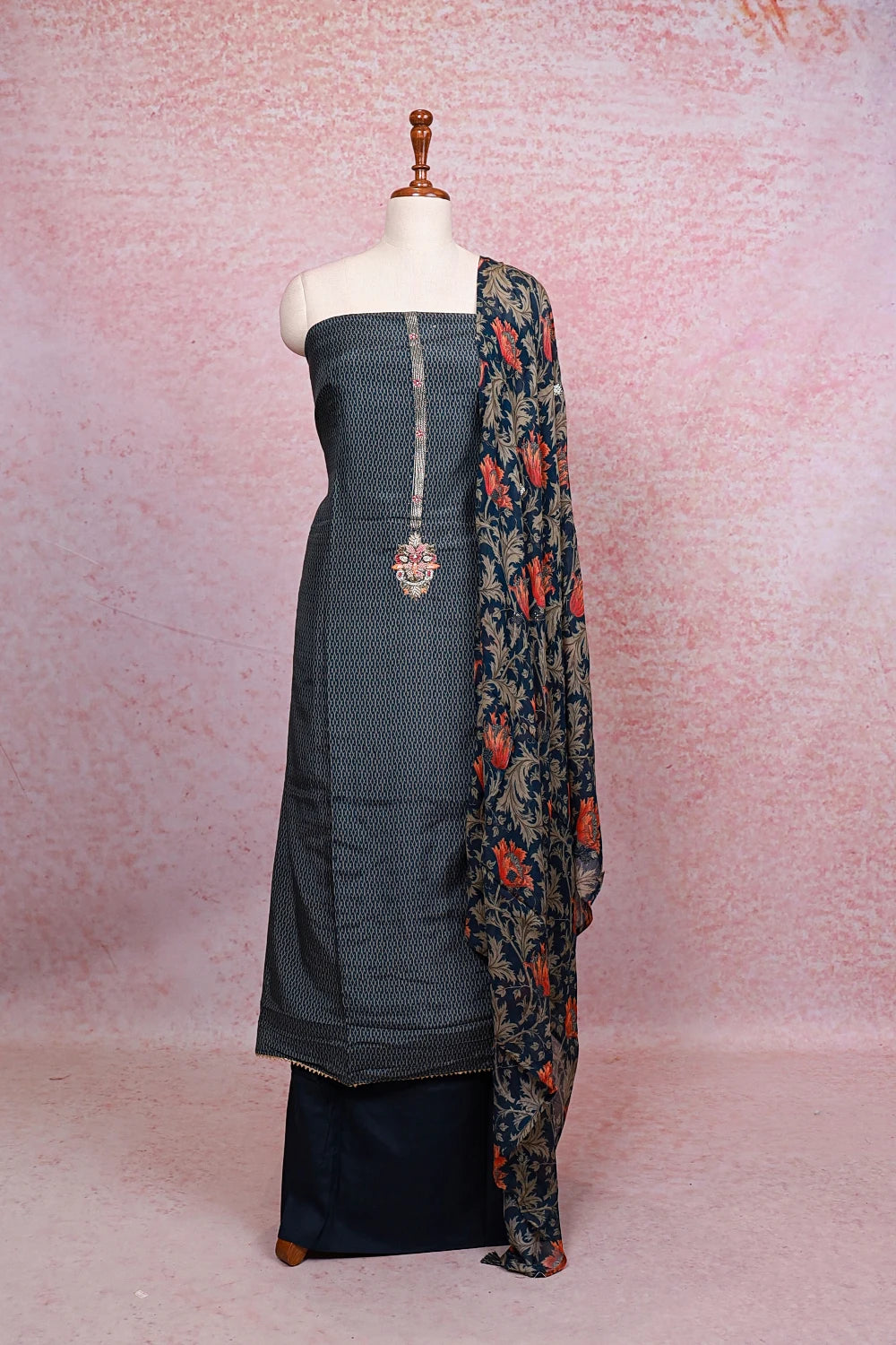 Peacock Blue Muslin Printed Unstitched Churidhar Material