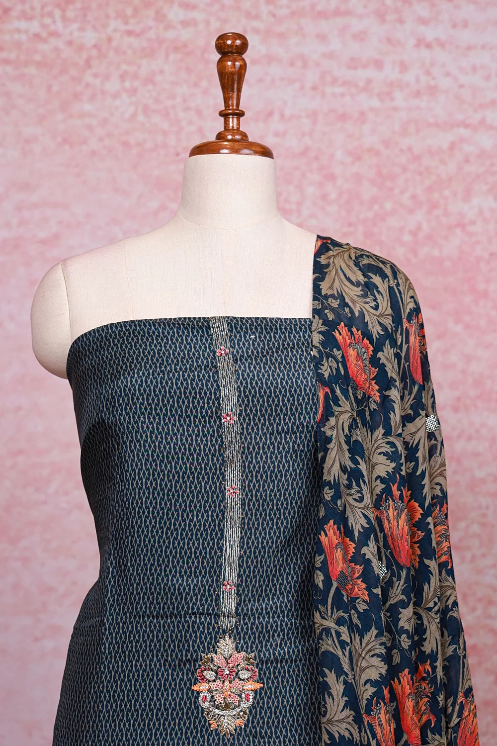 Peacock Blue Muslin Printed Unstitched Churidhar Material