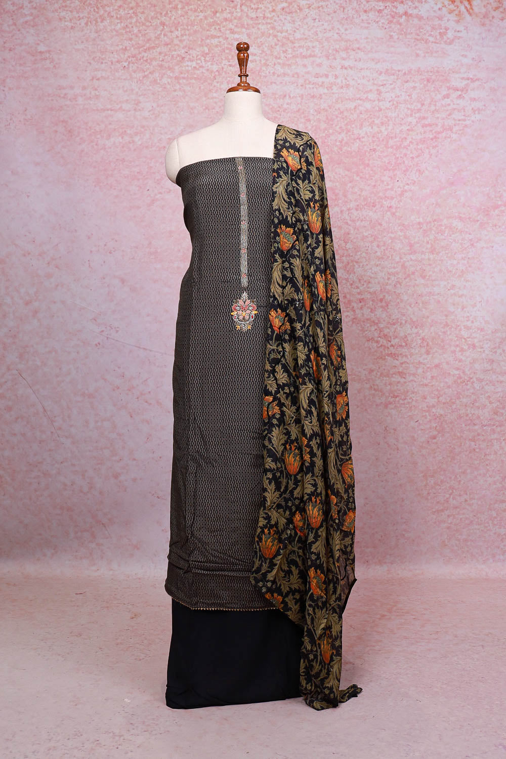 Navy Blue Muslin Silk Printed Unstitched Churidhar Material - Seematti