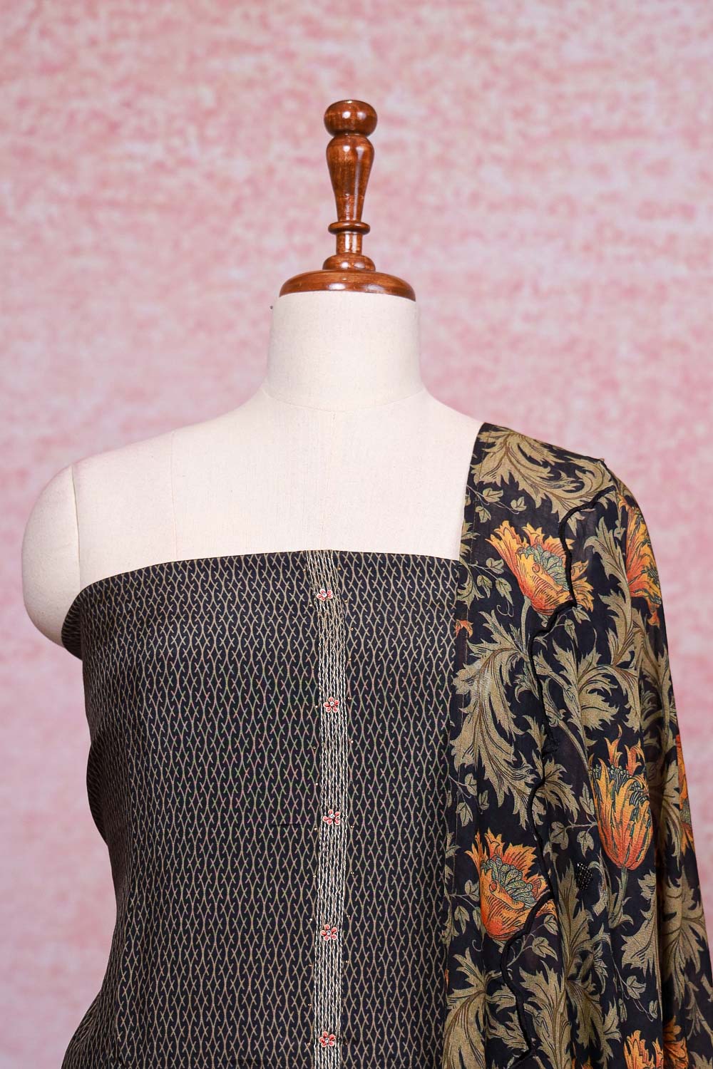 Navy Blue Muslin Silk Printed Unstitched Churidhar Material - Seematti