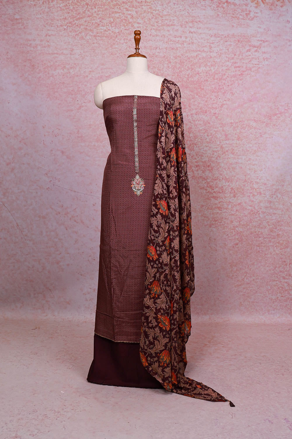 Wine Color Muslin Silk Printed Unstitched Churidhar Material - Seematti