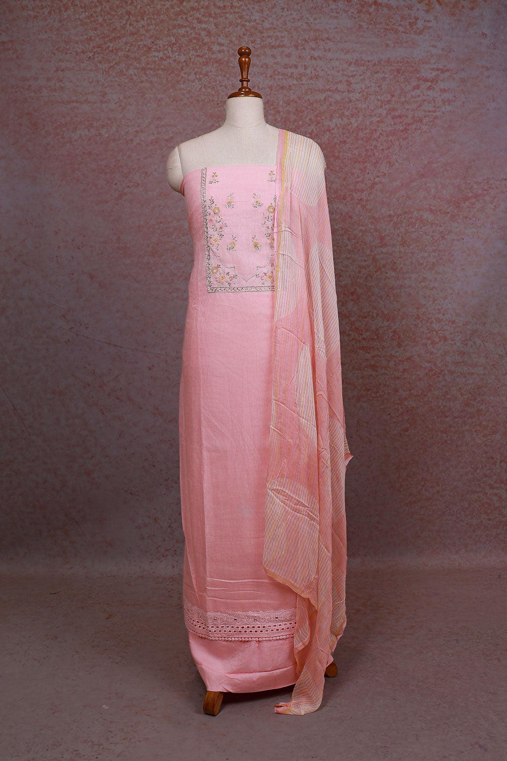 Baby Pink Semi Linen Plain Unstitched Churidhar Material - Seematti