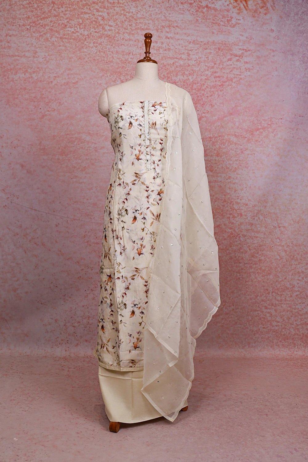 Cream Muslin Printed Unstitched Churidhar Material