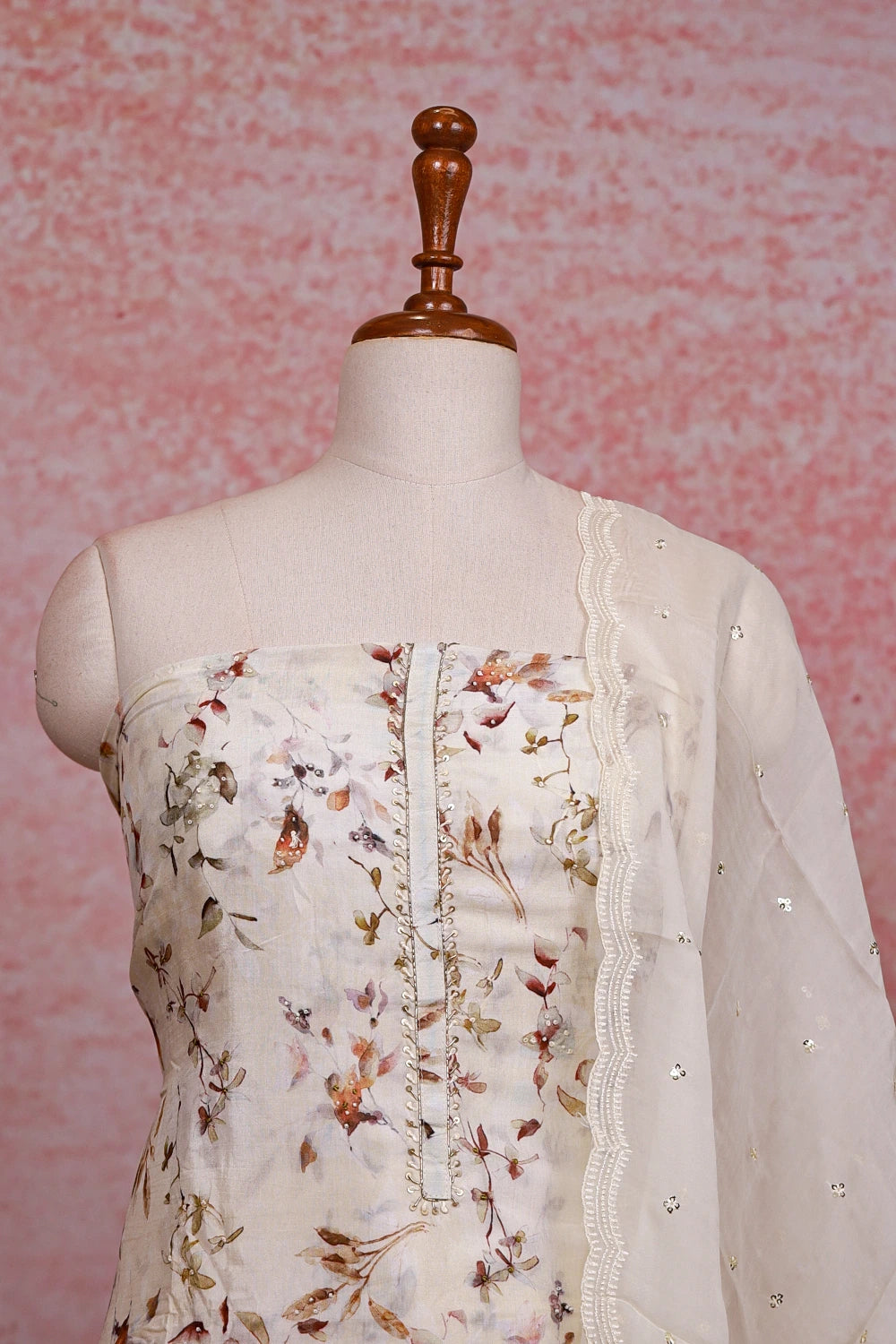 Cream Muslin Printed Unstitched Churidhar Material