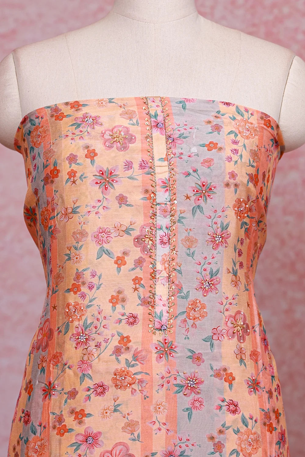 Peach Muslin  Floral Printed Unstitched Churidhar Material - Seematti
