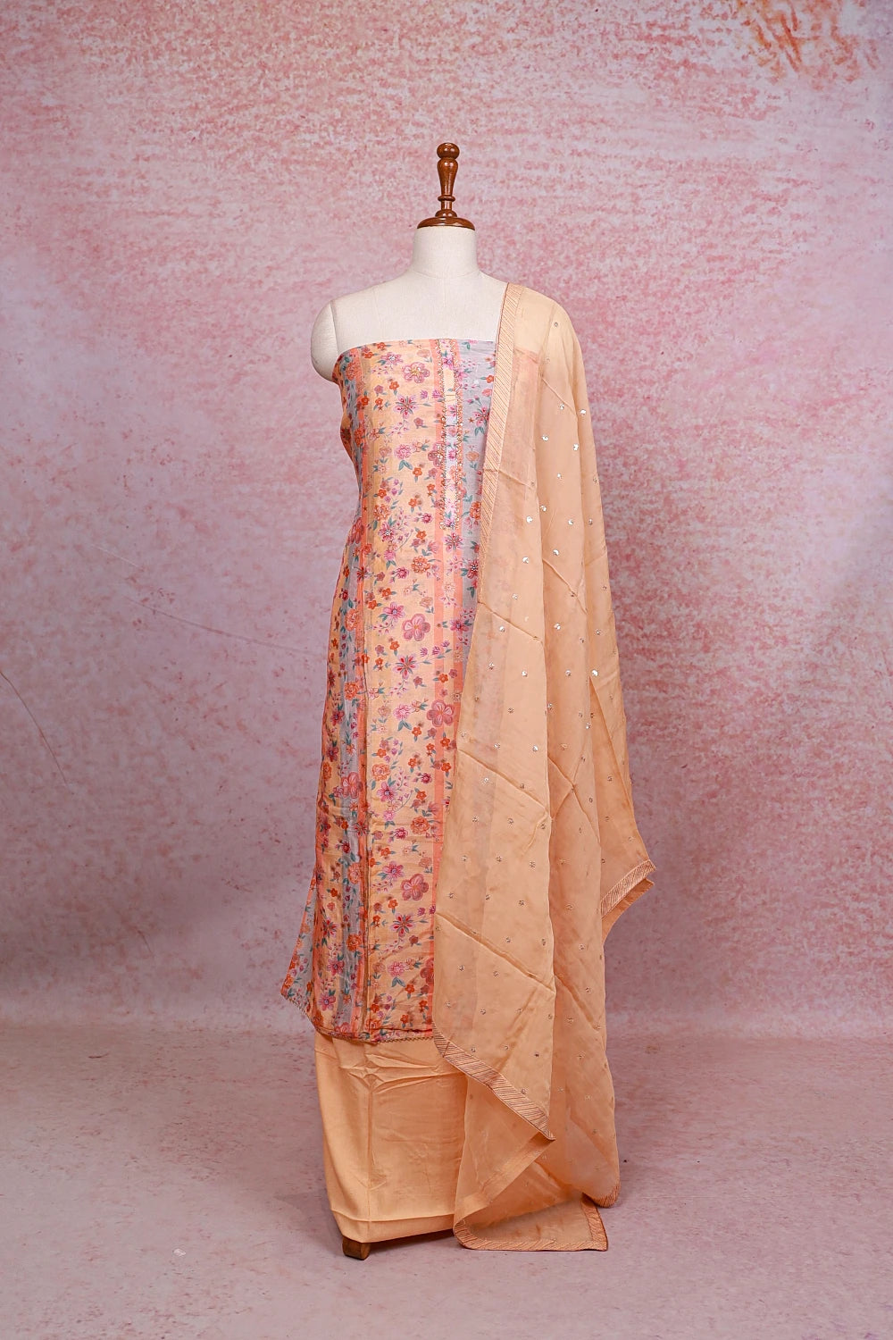 Peach Muslin  Floral Printed Unstitched Churidhar Material - Seematti