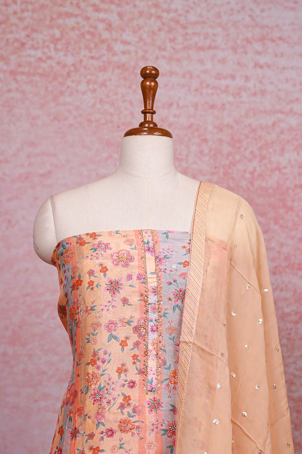 Peach Muslin  Floral Printed Unstitched Churidhar Material - Seematti