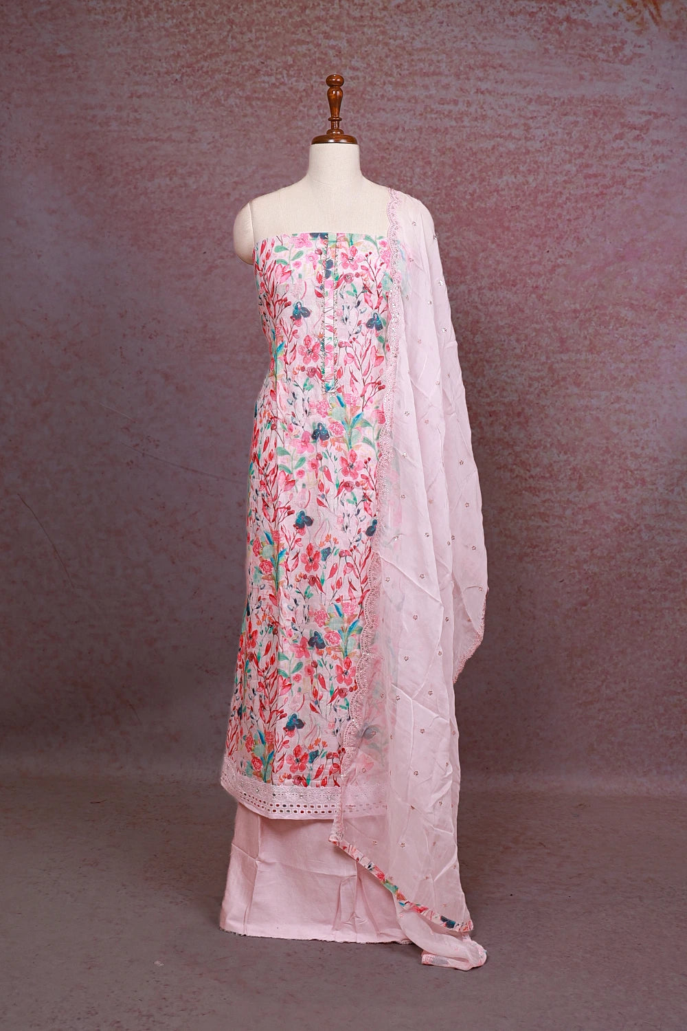 Pink Semi Linen Printed Unstitched Churidhar Material - Seematti