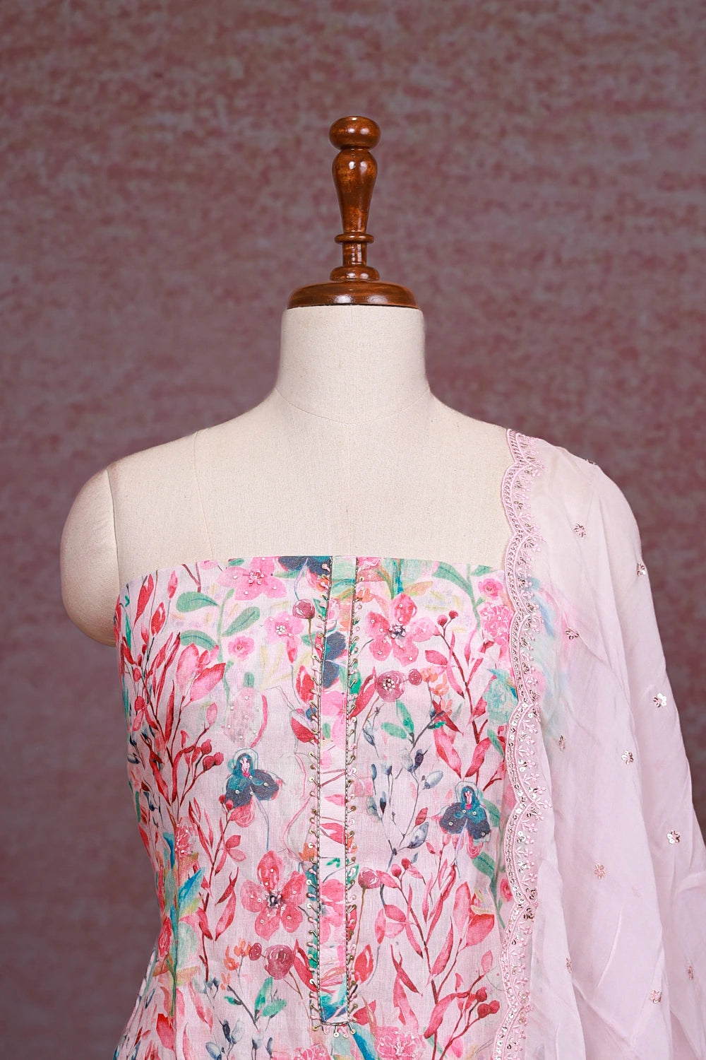 Pink Semi Linen Printed Unstitched Churidhar Material - Seematti