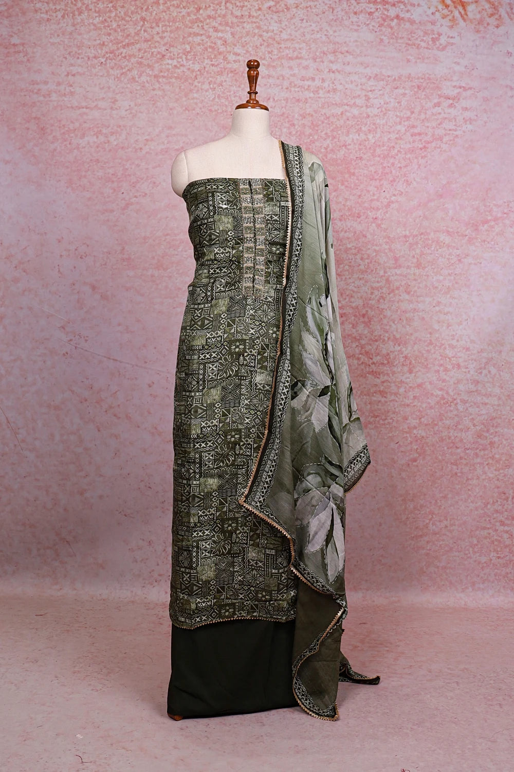 Moss Green Muslin Printed Unstitched Churidhar Material