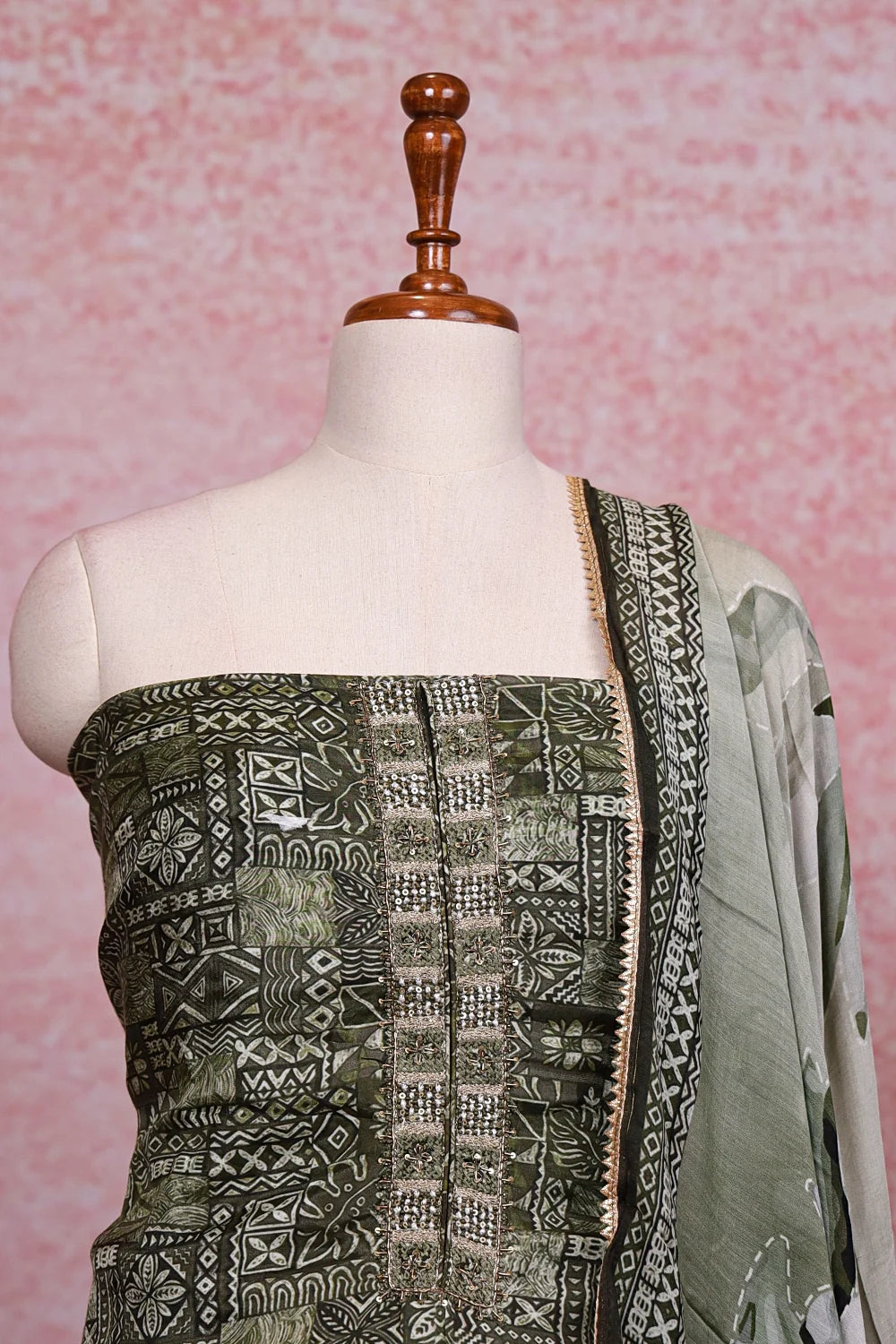 Moss Green Muslin Printed Unstitched Churidhar Material