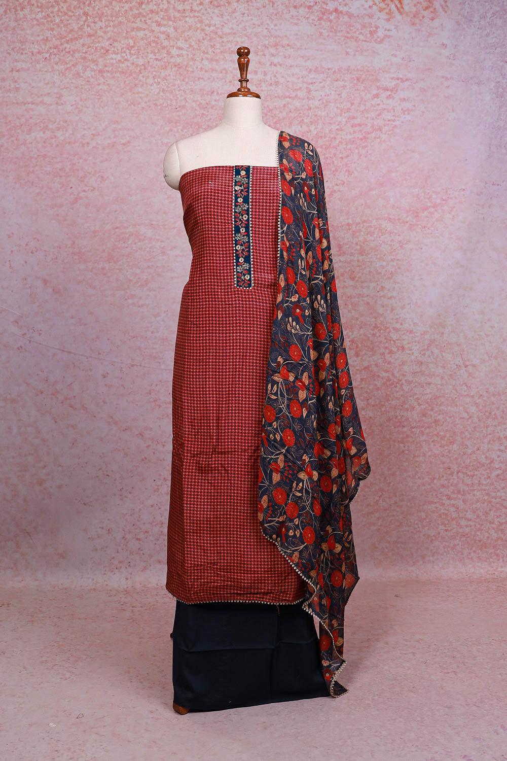 Maroon Muslin Silk Printed Unstitched Churidhar Material - Seematti