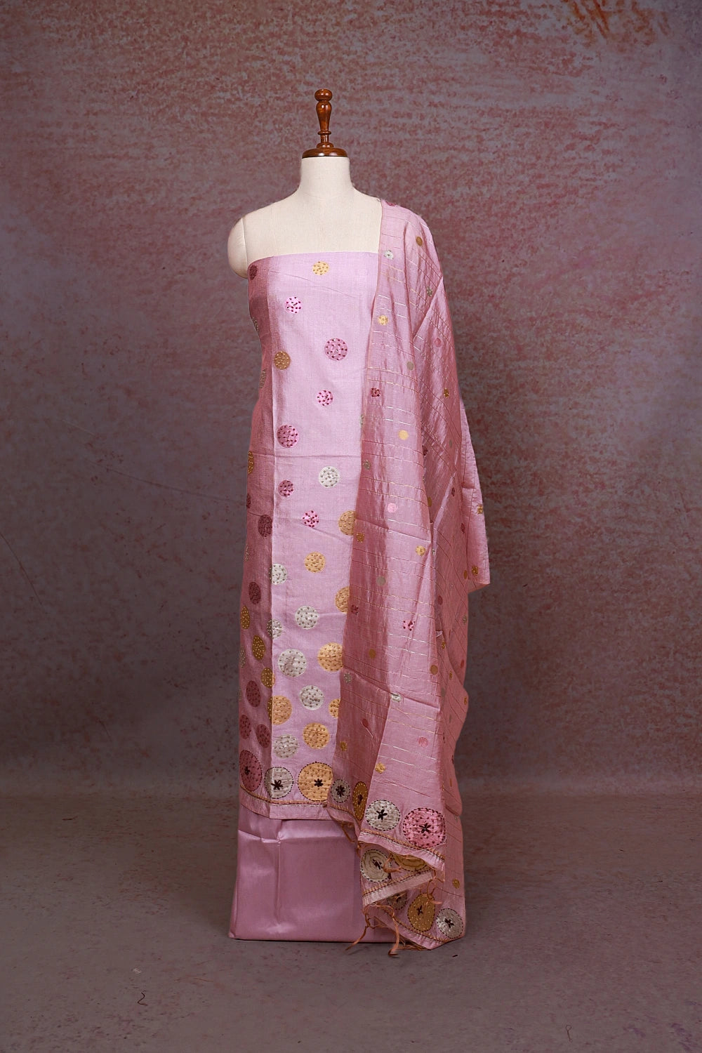 Pink Chanderi Tissue Kantha Work Unstitched Churidhar Material