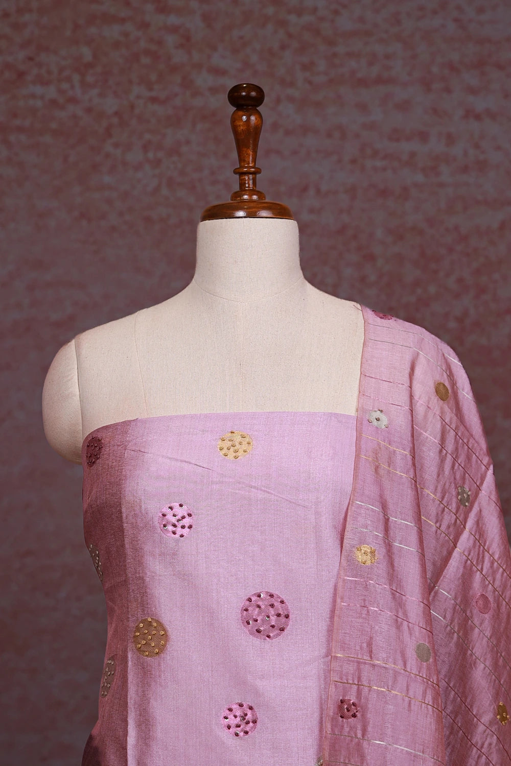 Pink Chanderi Tissue Kantha Work Unstitched Churidhar Material