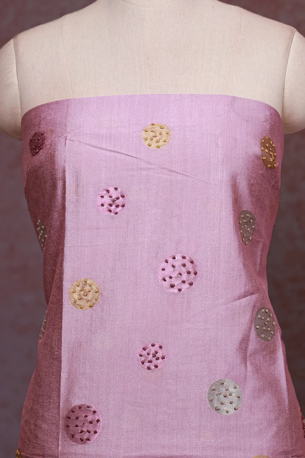 Pink Chanderi Tissue Kantha Work Unstitched Churidhar Material