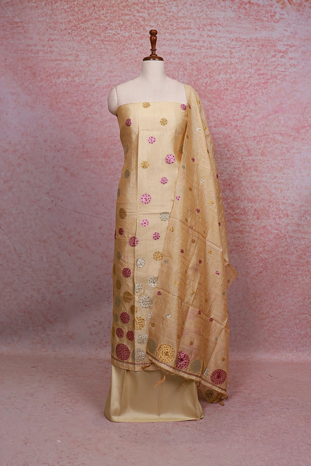 Champagne Color Chanderi Tissue Kantha Work Unstitched Churidhar Material
