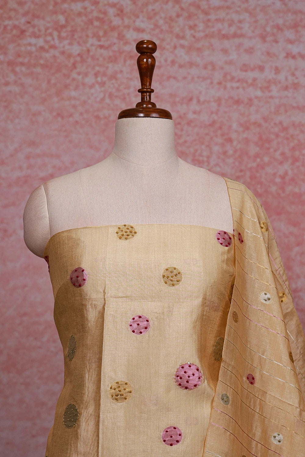 Champagne Color Chanderi Tissue Kantha Work Unstitched Churidhar Material