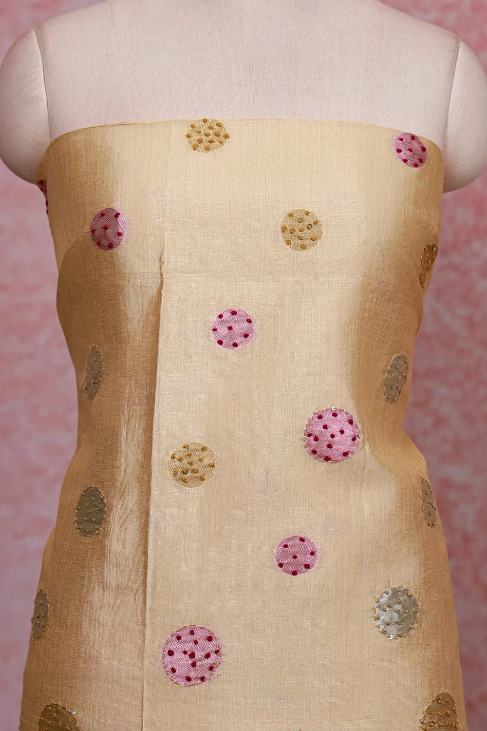 Champagne Color Chanderi Tissue Kantha Work Unstitched Churidhar Material