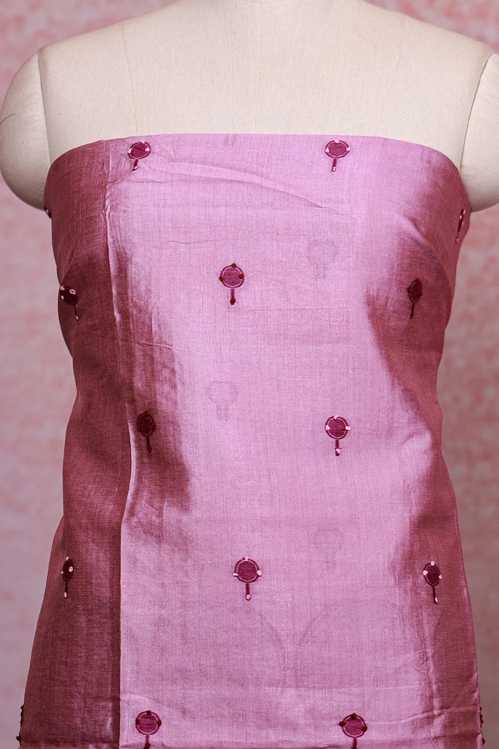 Violet Pink Semi Tussar Kantha Work Unstitched Churidhar Material