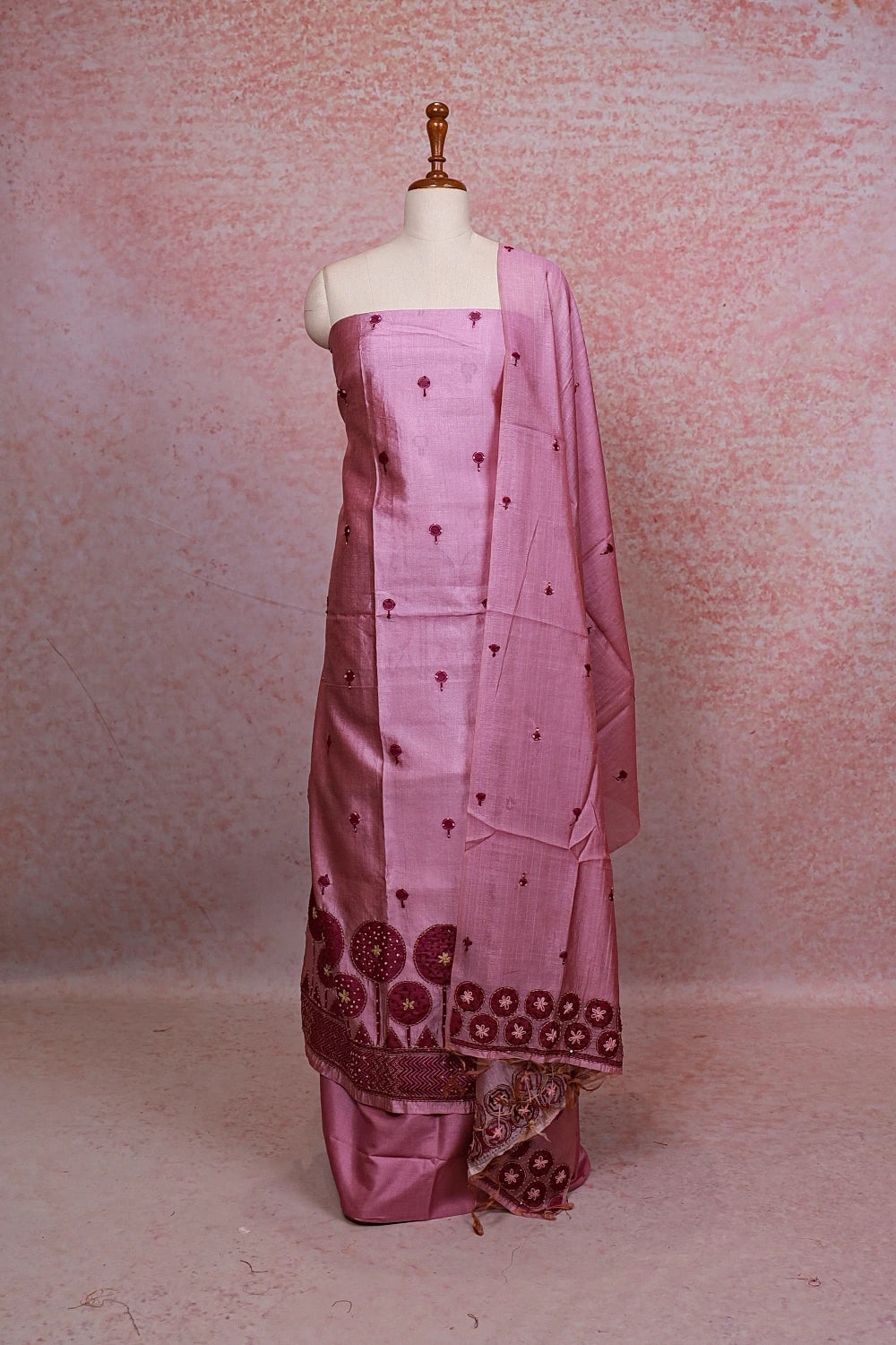 Violet Pink Semi Tussar Kantha Work Unstitched Churidhar Material