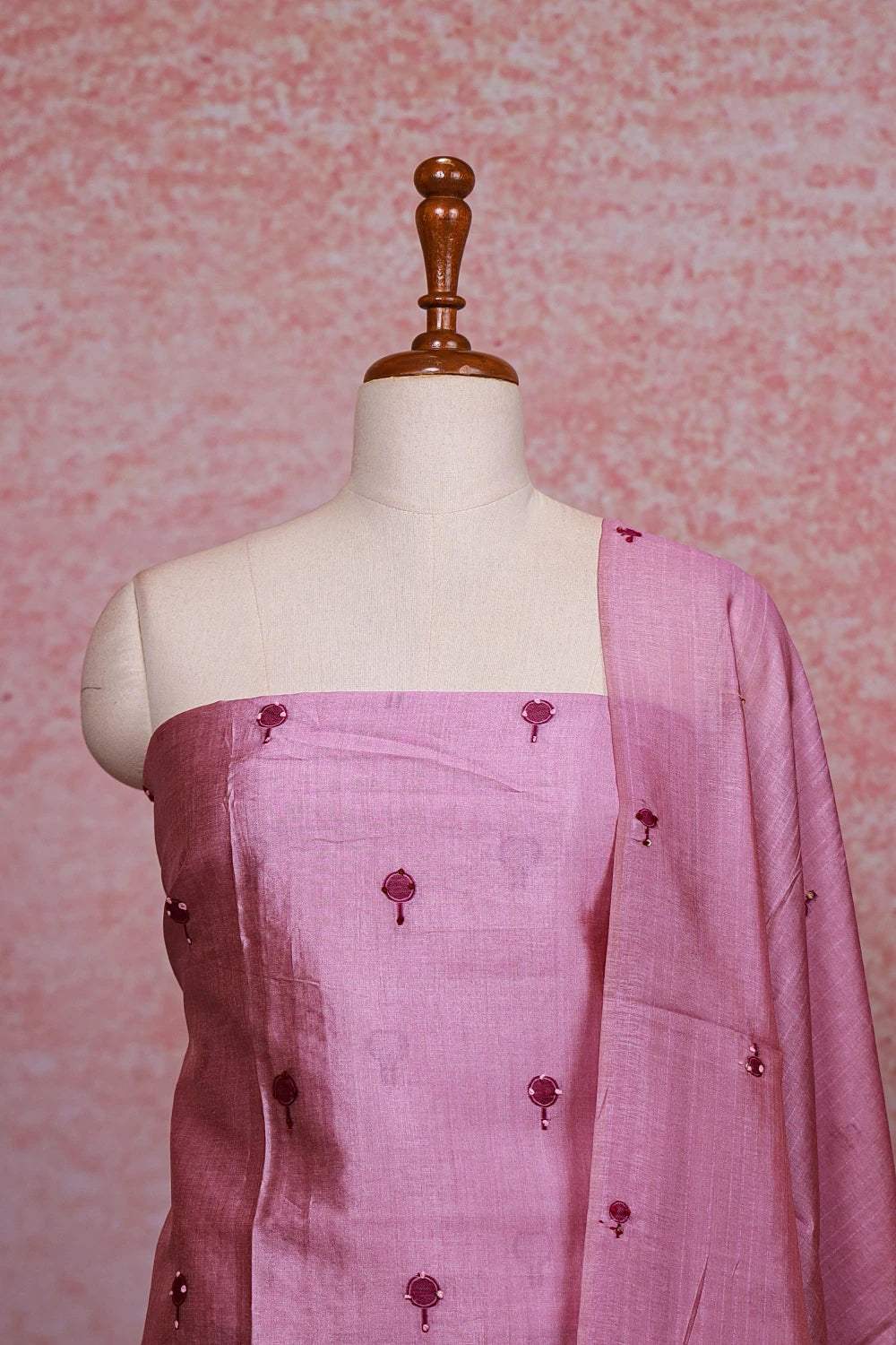 Violet Pink Semi Tussar Kantha Work Unstitched Churidhar Material