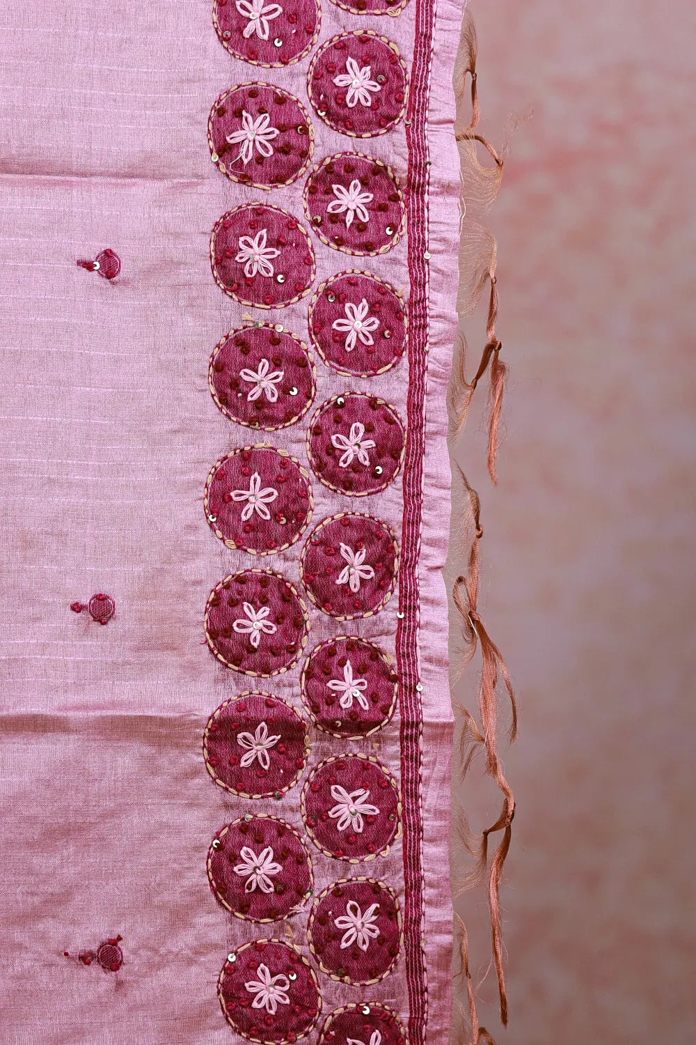 Violet Pink Semi Tussar Kantha Work Unstitched Churidhar Material