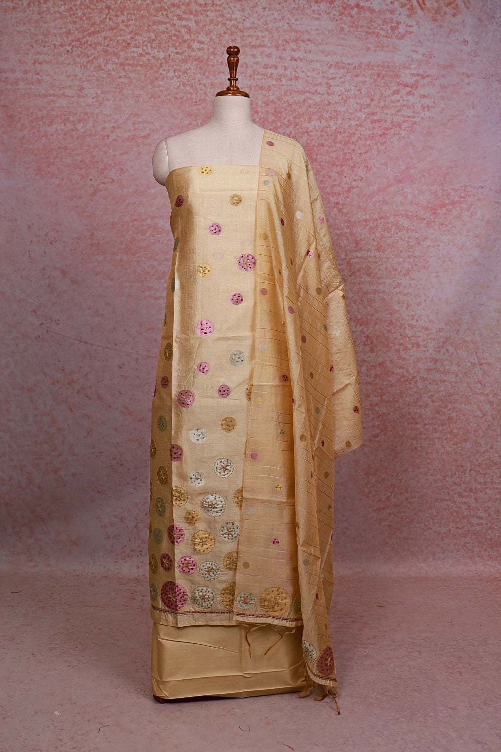 Champagne Color Semi Tussar Kantha Work Unstitched Churidhar Material