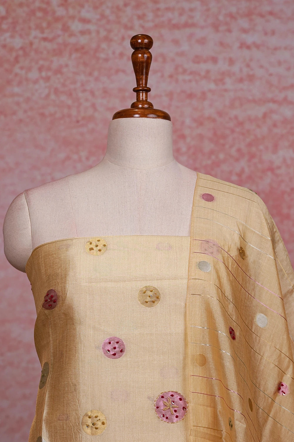 Champagne Color Semi Tussar Kantha Work Unstitched Churidhar Material
