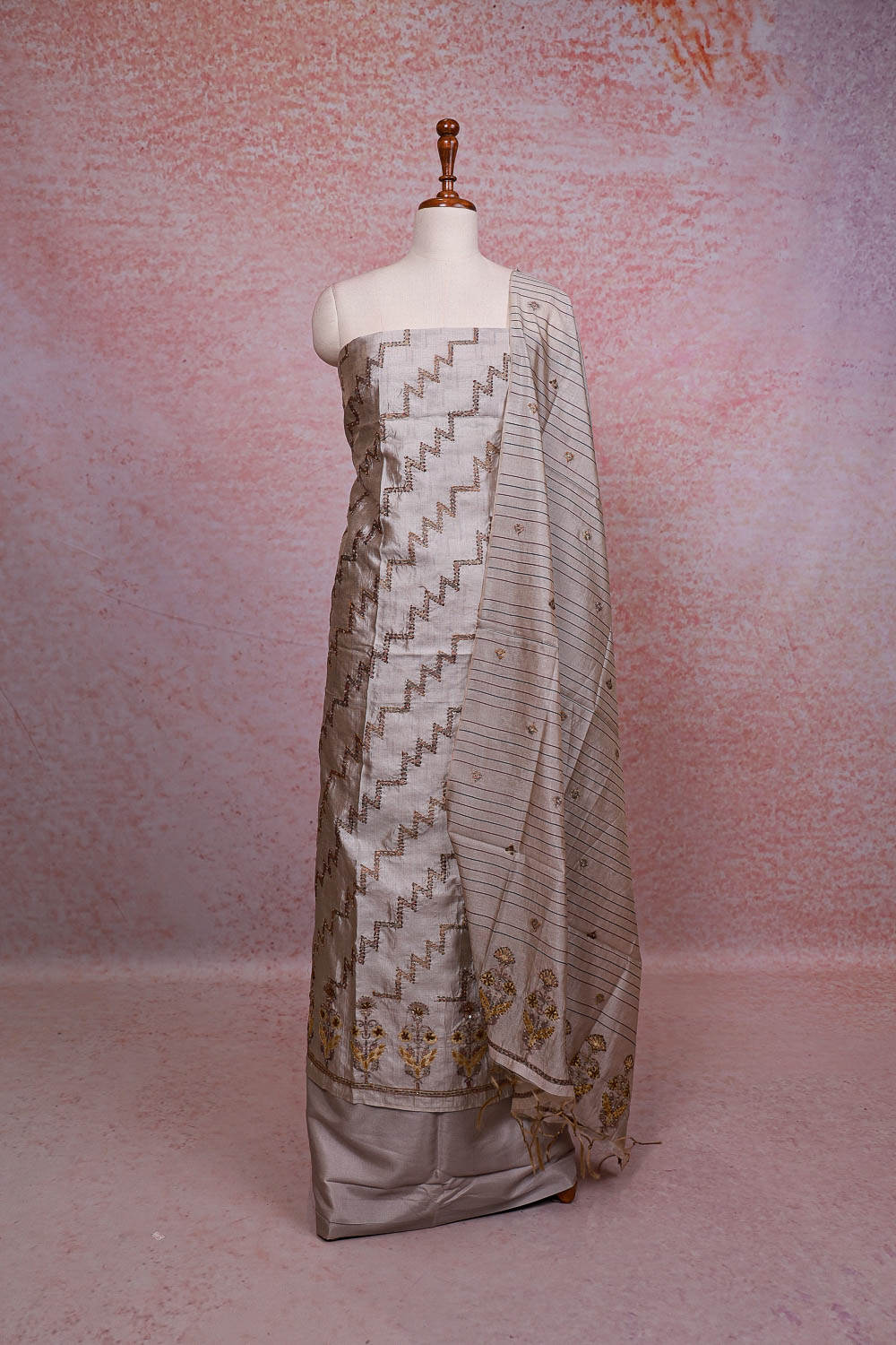 Champagne Color Chanderi Silk Kantha Stitched Unstitched Churidhar Material - Seematti