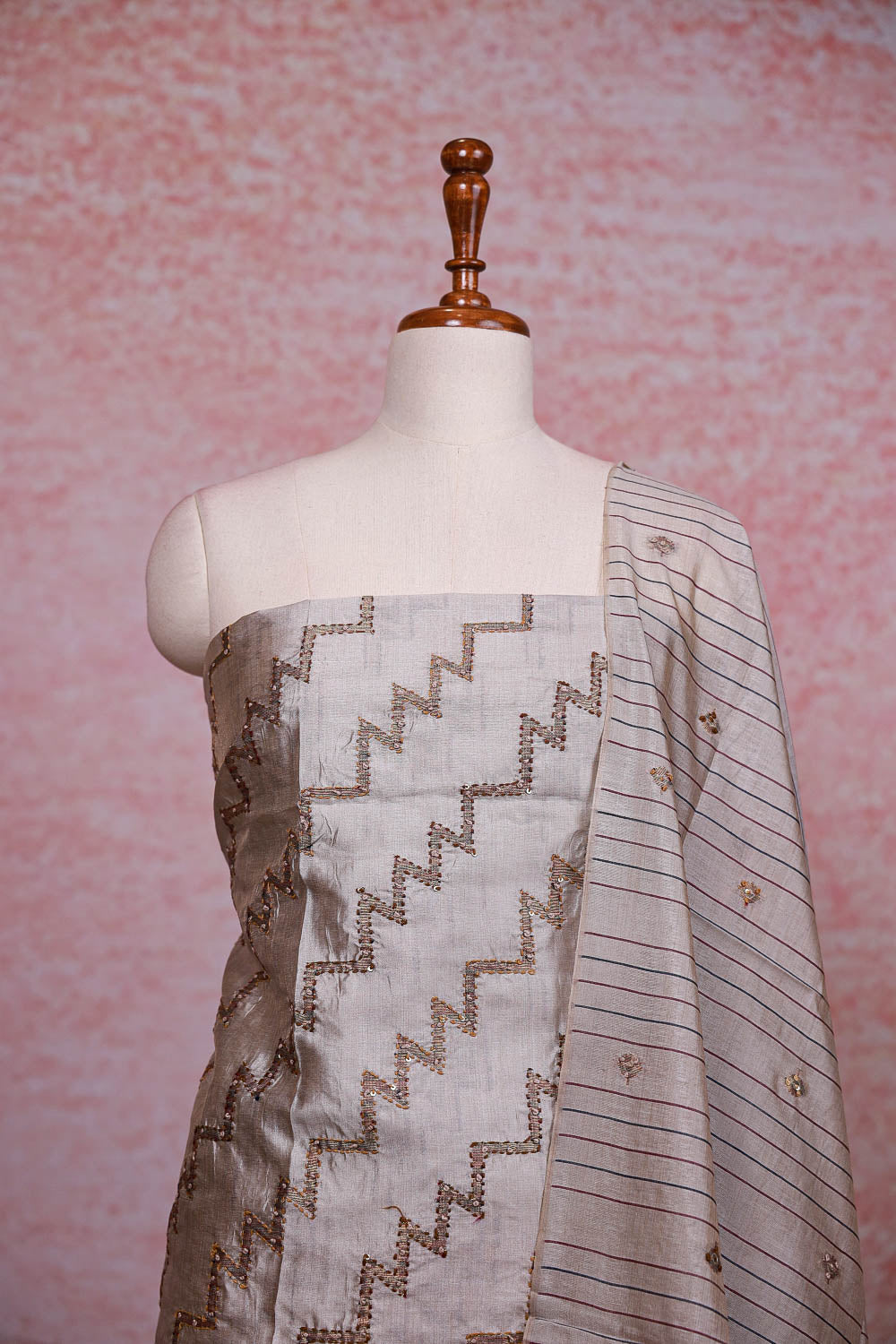 Champagne Color Chanderi Silk Kantha Stitched Unstitched Churidhar Material - Seematti