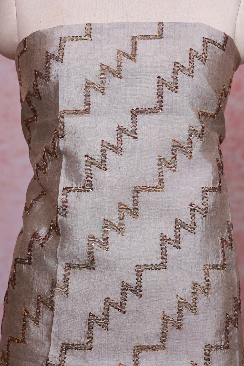 Champagne Color Chanderi Silk Kantha Stitched Unstitched Churidhar Material - Seematti