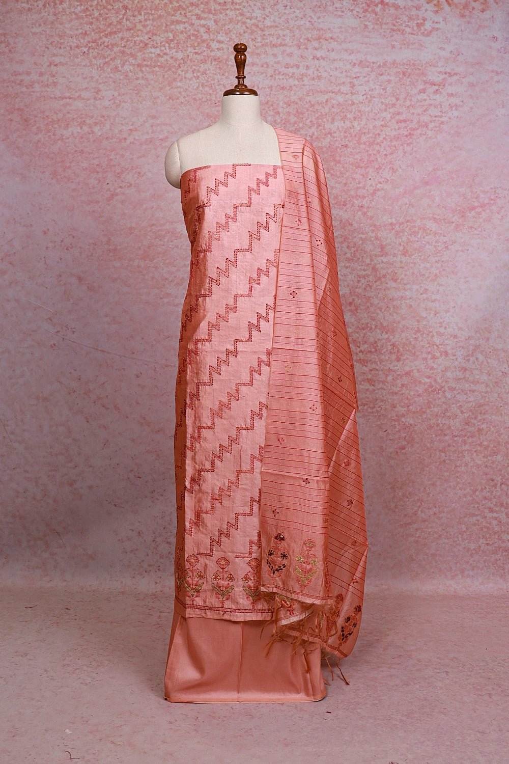 Peach Semi Tussar Kantha Work Unstitched Churidhar Material