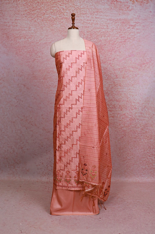 Peach Semi Tussar Kantha Work Unstitched Churidhar Material - Seematti